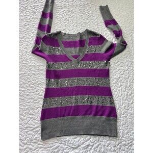 Purple Grey Sequined Striped Vneck Knit Sweater size xs